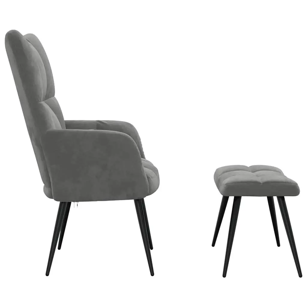 Armchair Velvet Dark Grey with Stool Steel Frame