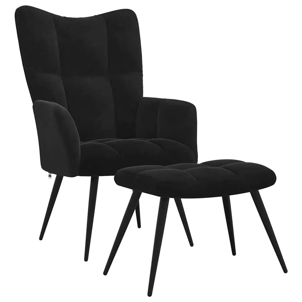 Armchair with Stool Black Velvet Relaxing Chair Accent Lounge Chair Footstool