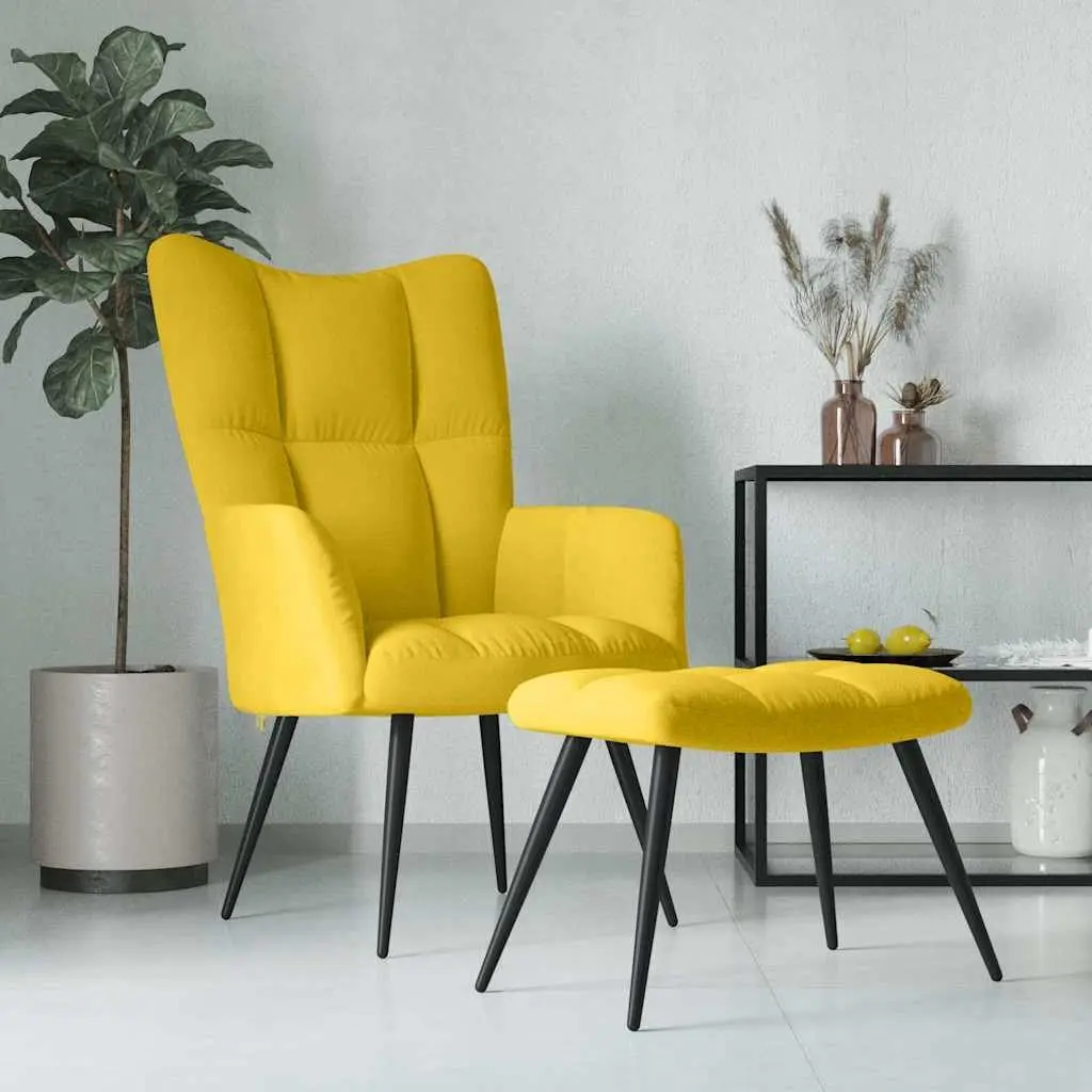 Mustard Yellow Velvet Armchair with Stool Relaxing Chair Lounge Accent Seat