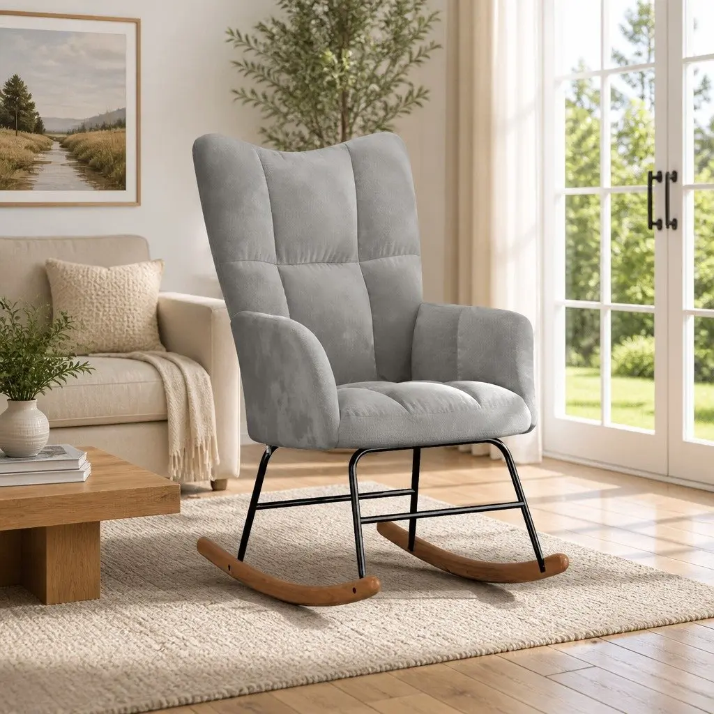 Rocking Chair Velvet Upholstered Grey Padded Armchair Steel Frame Wooden Rocking Rails