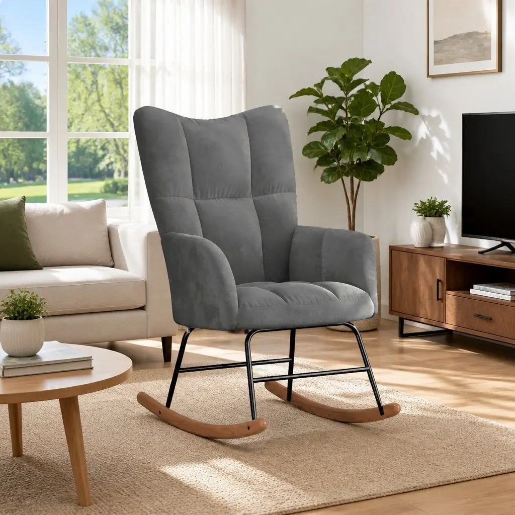 Rocking Chair Velvet Upholstered Grey Foam Seat Steel Frame Wooden Rocking Rails