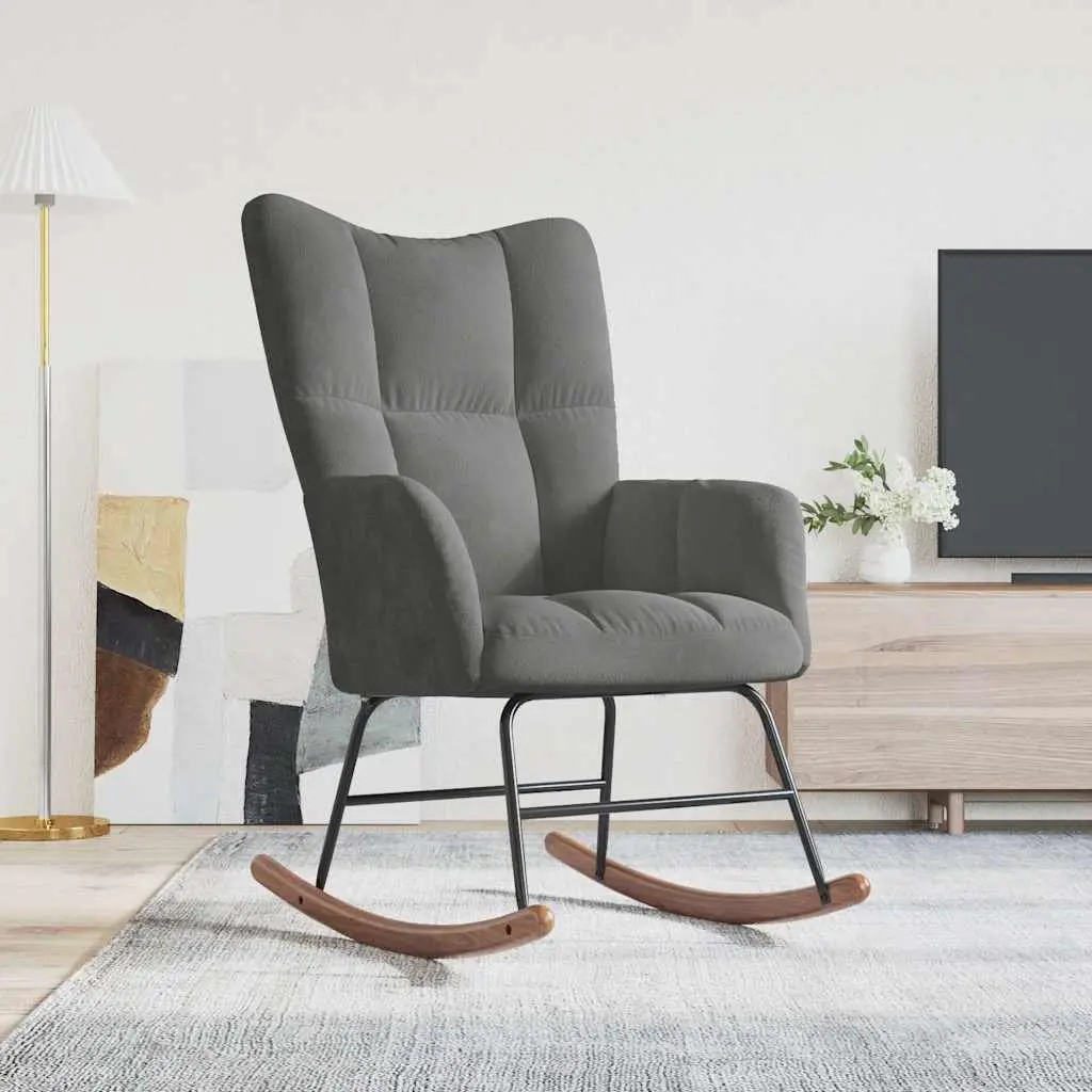 Rocking Chair Velvet Upholstered Grey Foam Seat Steel Frame Wooden Rocking Rails