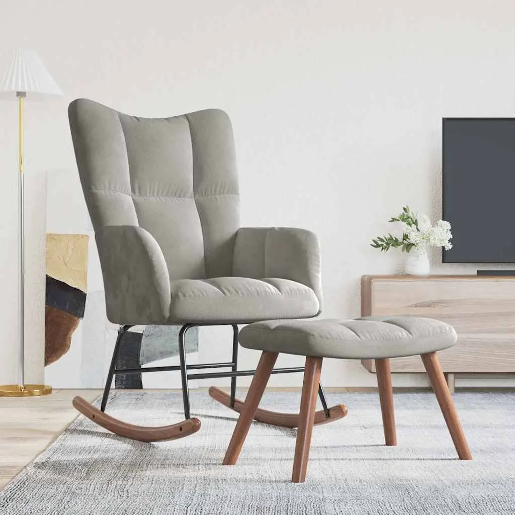 Rocking Chair with Stool Light Grey Velvet Armchair Living Room Relaxing Seat