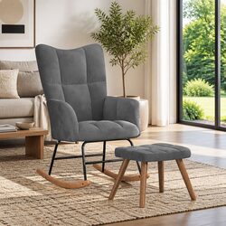 Rocking Chair with Stool Grey Velvet Upholstered Padded Armchair Lounge Seat