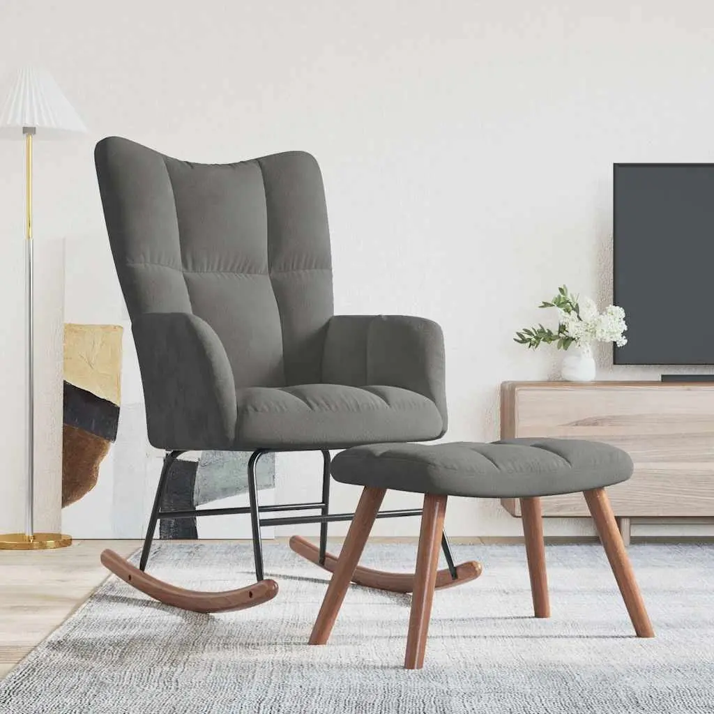 Rocking Chair Velvet Upholstered Padded Armchair with Stool Dark Grey Steel Frame Wooden Rocking Rails
