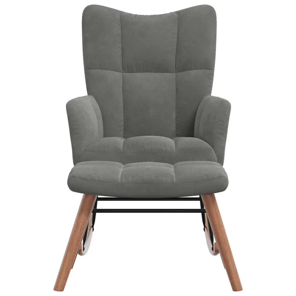 Rocking Chair Velvet Upholstered Padded Armchair with Stool Dark Grey Steel Frame Wooden Rocking Rails