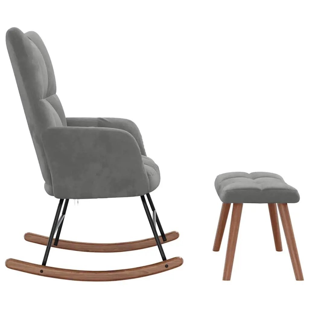 Rocking Chair Velvet Upholstered Padded Armchair with Stool Dark Grey Steel Frame Wooden Rocking Rails