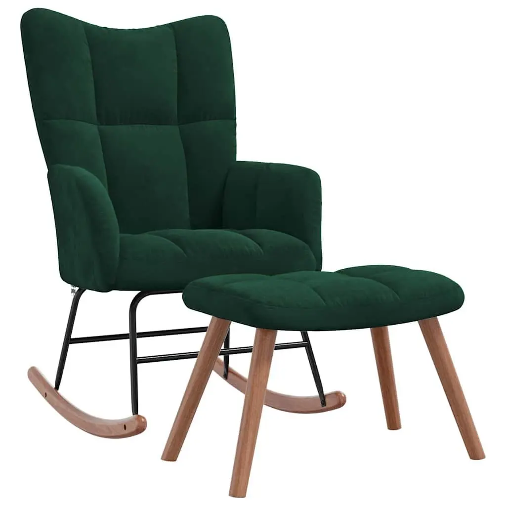 Rocking Chair and Stool Velvet Dark Green Block Detailing
