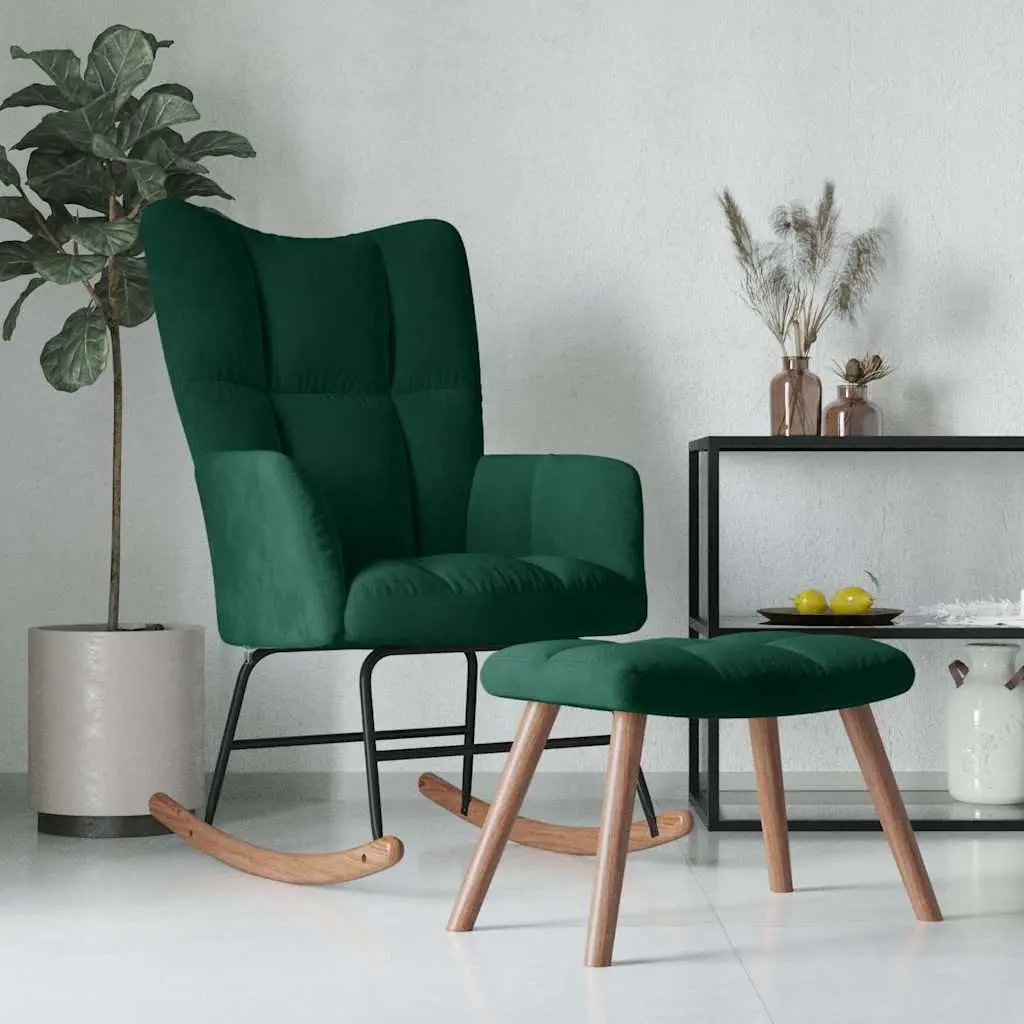 Rocking Chair and Stool Velvet Dark Green Block Detailing