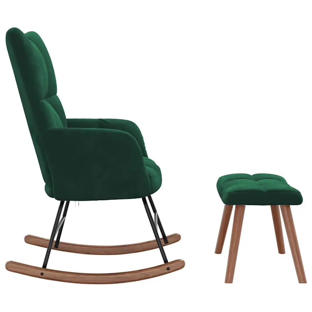 Rocking Chair and Stool Velvet Dark Green Block Detailing