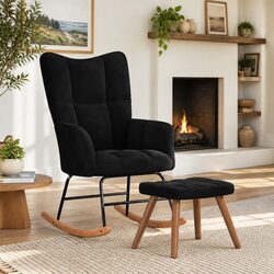 Black Velvet Rocking Chair with Stool for Cozy Spaces
