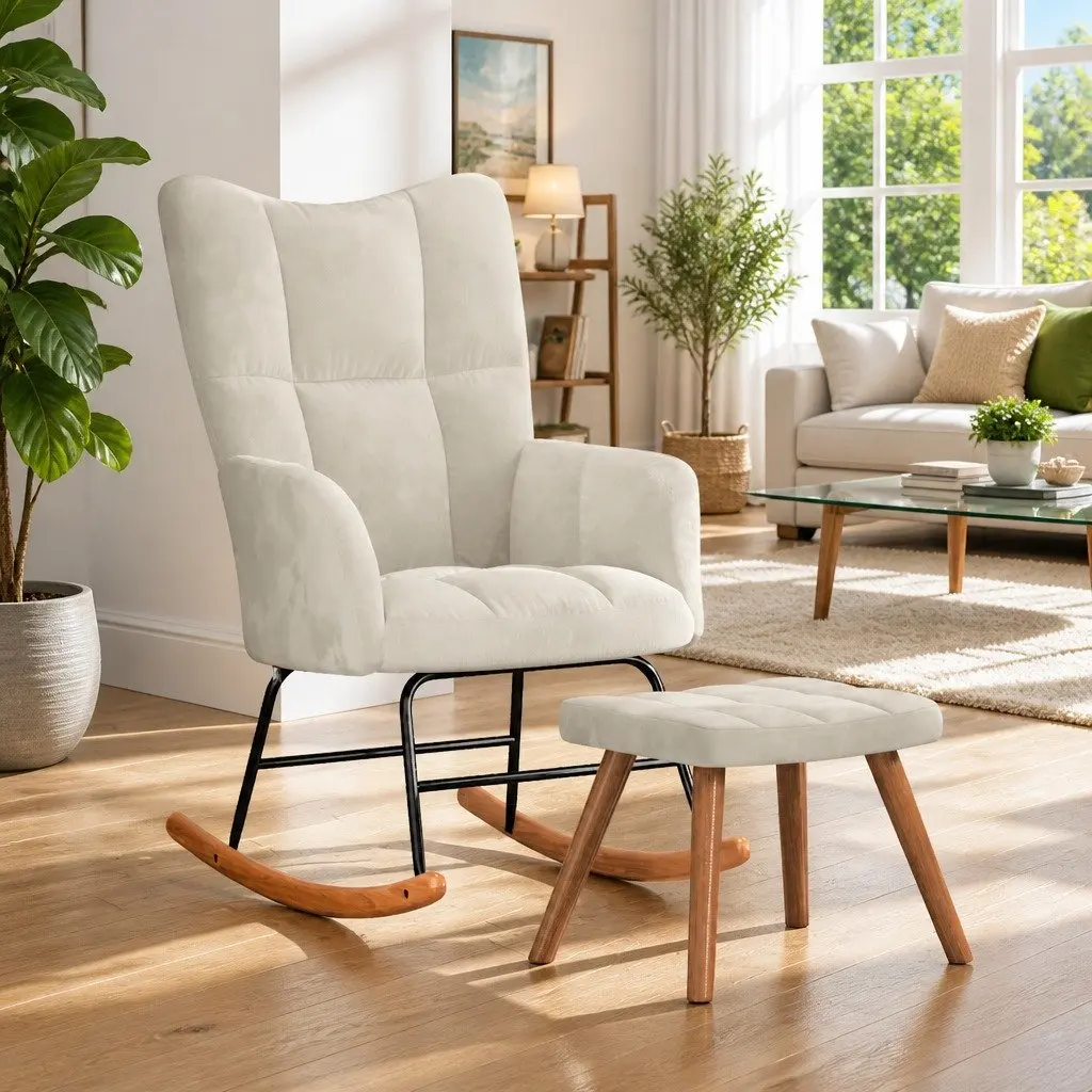 Rocking Chair Velvet Cream White with Stool Steel Frame Wooden Rocking Rails