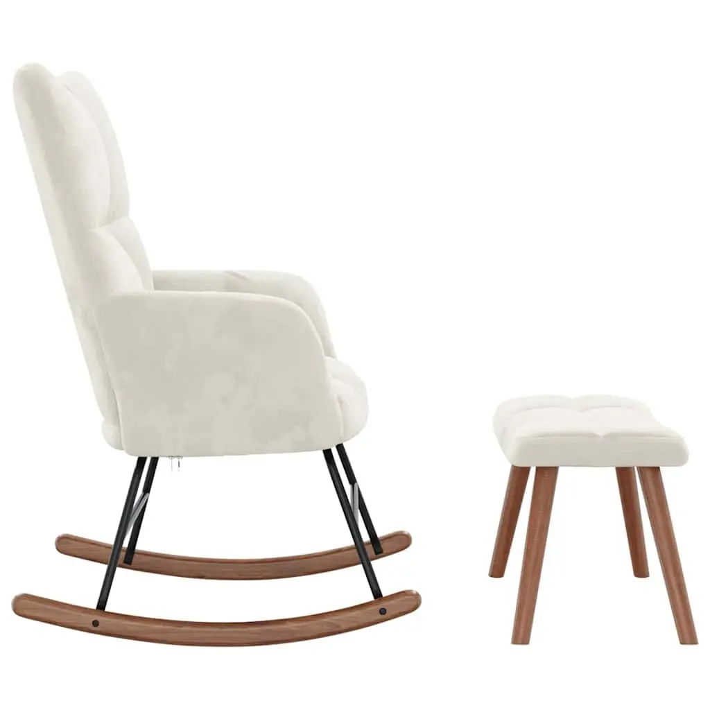 Rocking Chair Velvet Cream White with Stool Steel Frame Wooden Rocking Rails