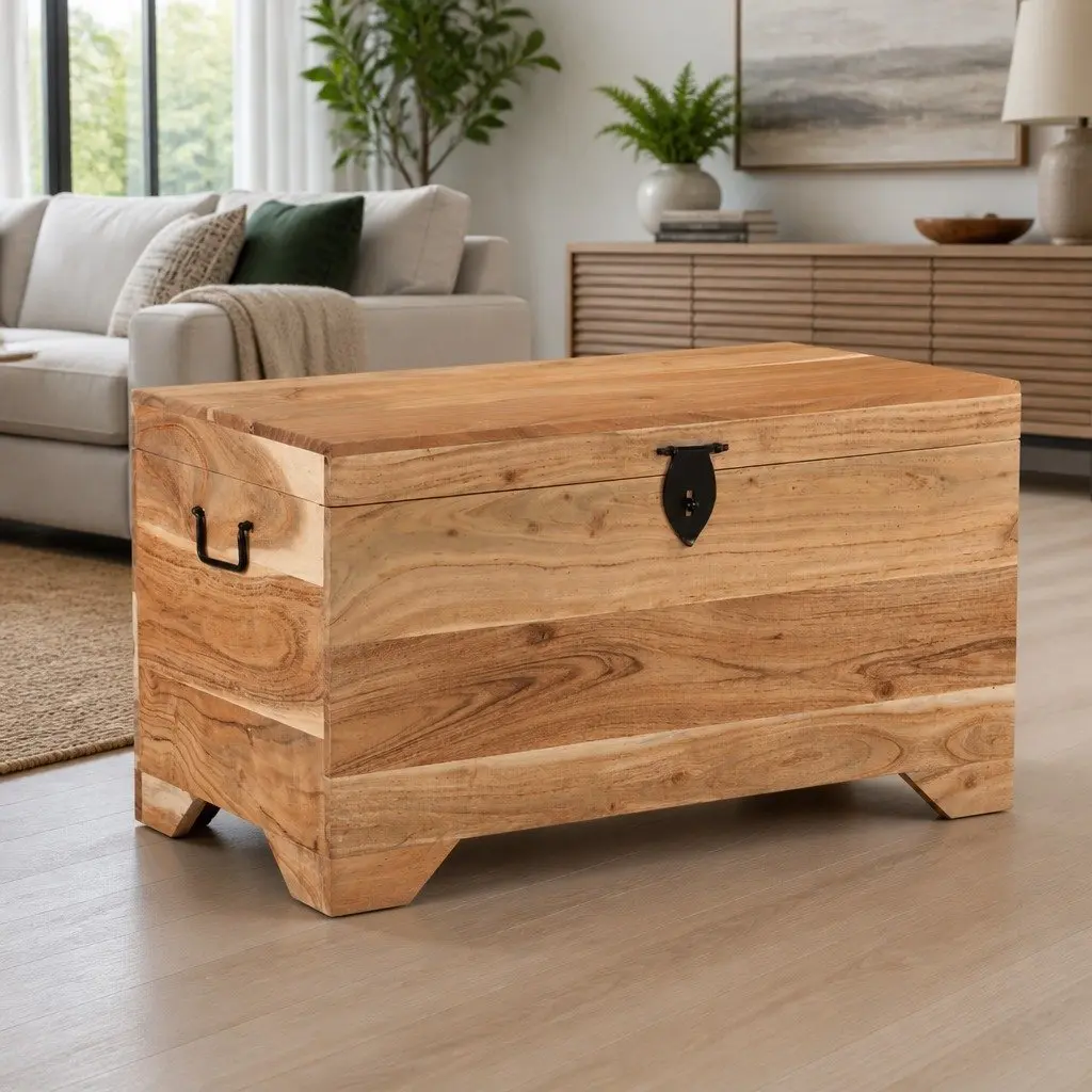 Acacia Wood Storage Chest Brown Wooden Box Multipurpose Side Table Bench with Latch Handles