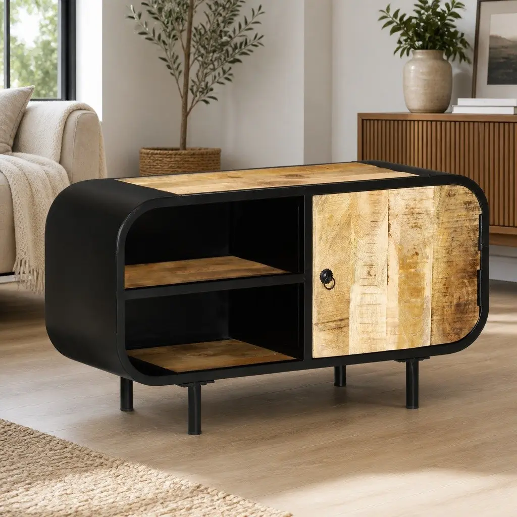 TV Cabinet Rough Mango Wood 90x30x48 cm Brown Industrial Style Storage Unit