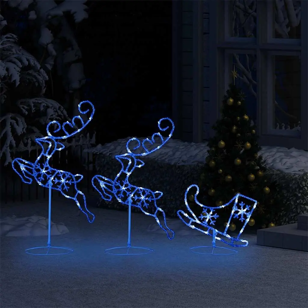 Christmas Decoration Blue Acrylic Sleigh with Flying Reindeer 260cm LED Lights for Indoor Outdoor Use