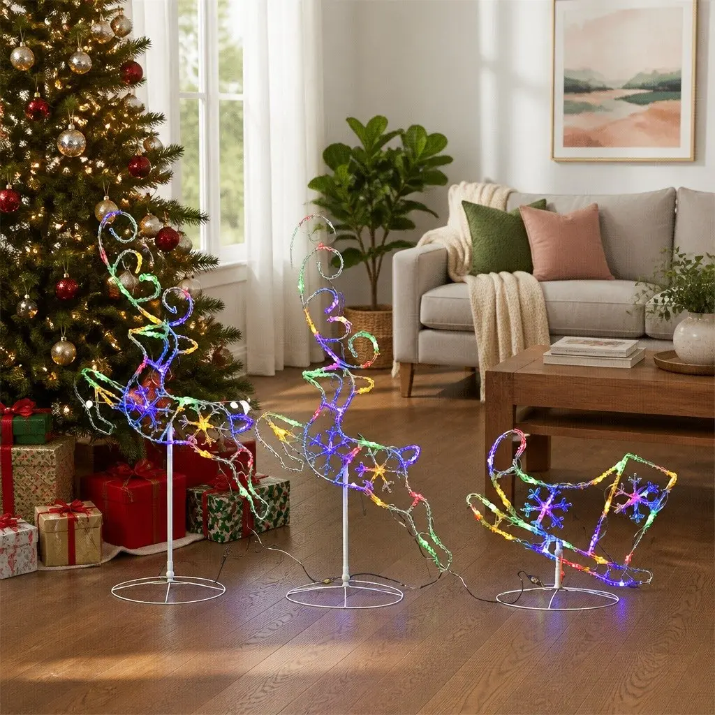 Christmas Decoration Acrylic Flying Reindeer Sleigh Outdoor LED Lights Multicolour 260x21x87cm
