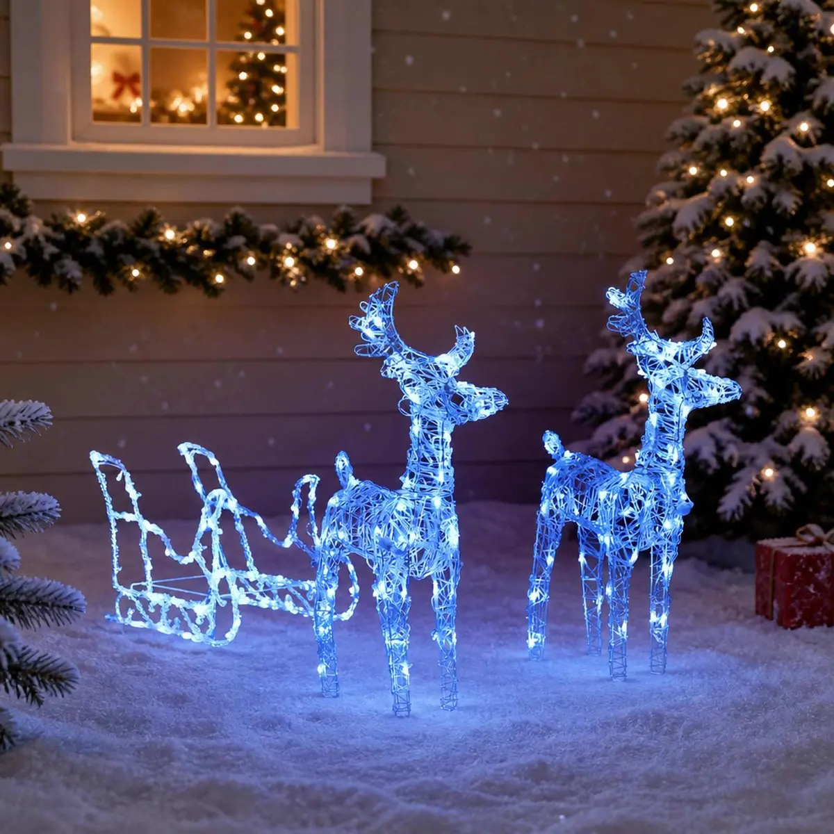 Christmas LED Light Decoration Reindeer Sleigh 130 cm Weatherproof Blue Acrylic PVC