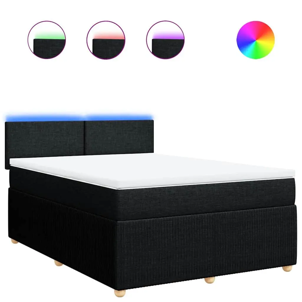 Double Box Spring Bed Fabric Black Double Bed Frame with Mattress and Mattress Topper and LED Lights
