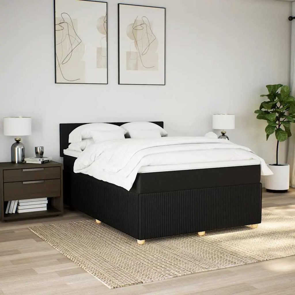 Double Box Spring Bed Fabric Black Double Bed Frame with Mattress and Mattress Topper and LED Lights