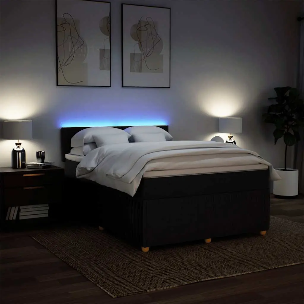 Double Box Spring Bed Fabric Black Double Bed Frame with Mattress and Mattress Topper and LED Lights