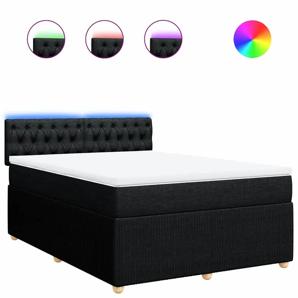 Pocket Spring Mattress Double Bed with Adjustable LED Lights Black Fabric Frame