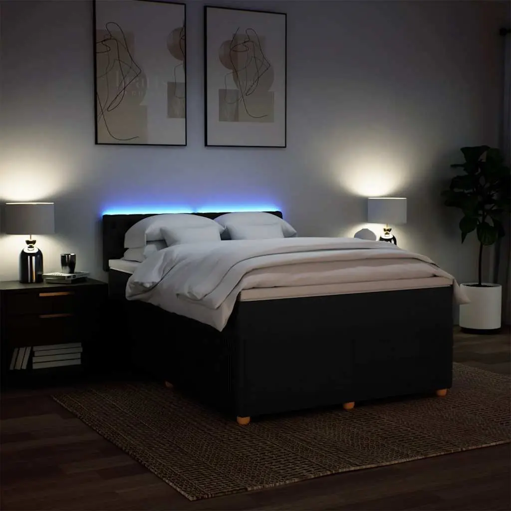 Pocket Spring Mattress Double Bed with Adjustable LED Lights Black Fabric Frame