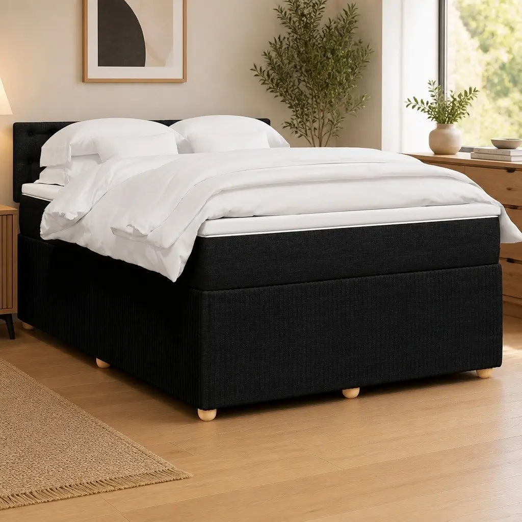 Double Box Spring Bed with Mattress Polyester Fabric Double Black