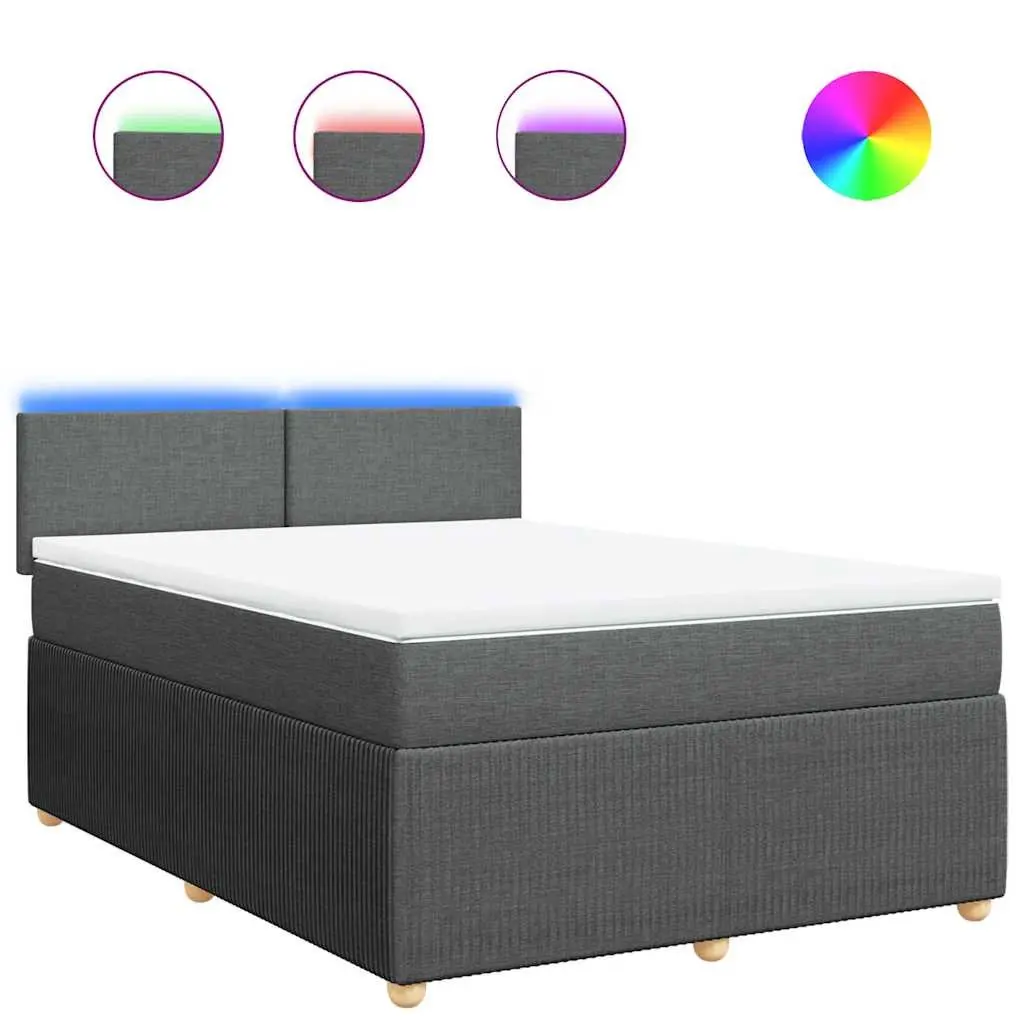 Queen Box Spring Bed Pocket Spring Mattress Dark Grey Fabric with LED Lights
