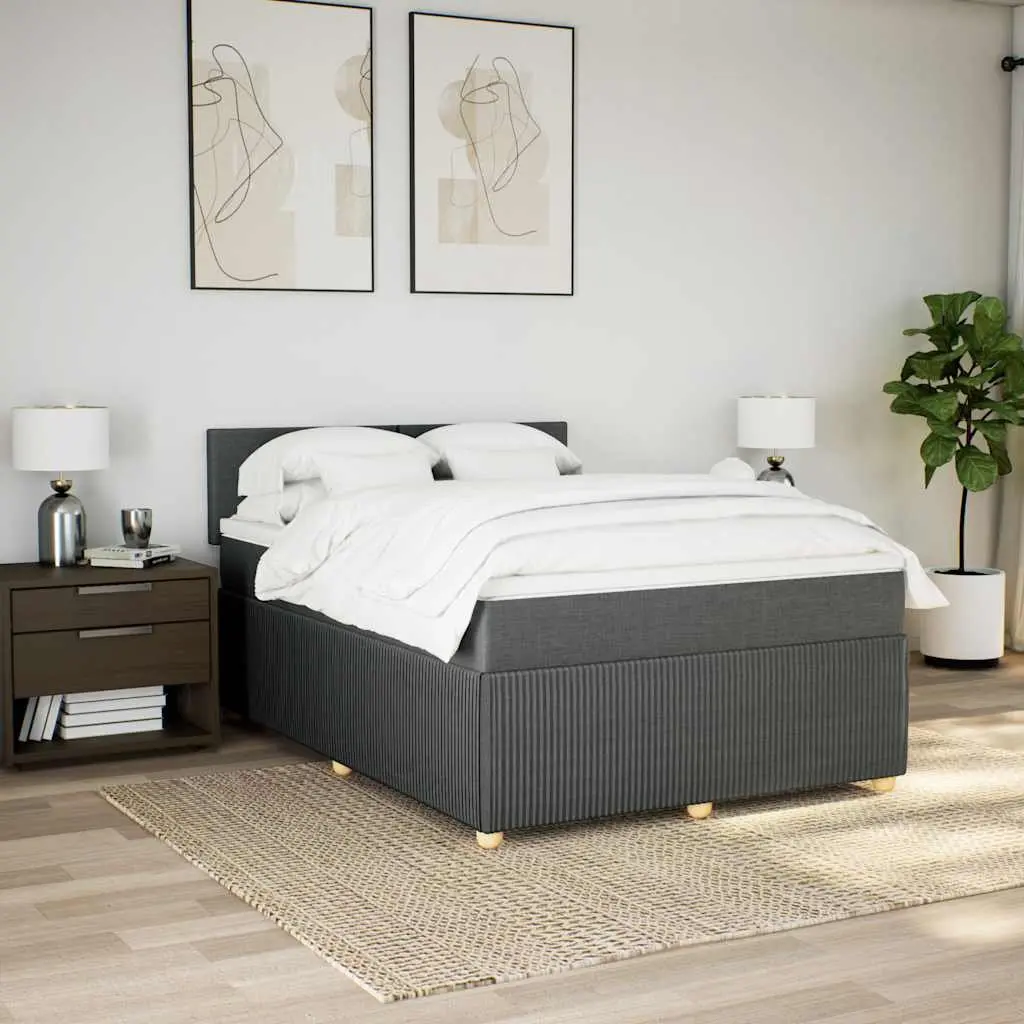 Queen Box Spring Bed Pocket Spring Mattress Dark Grey Fabric with LED Lights