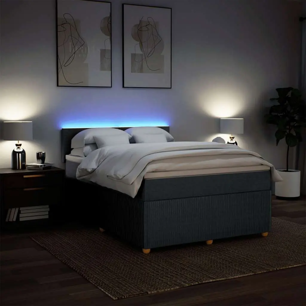 Queen Box Spring Bed Pocket Spring Mattress Dark Grey Fabric with LED Lights