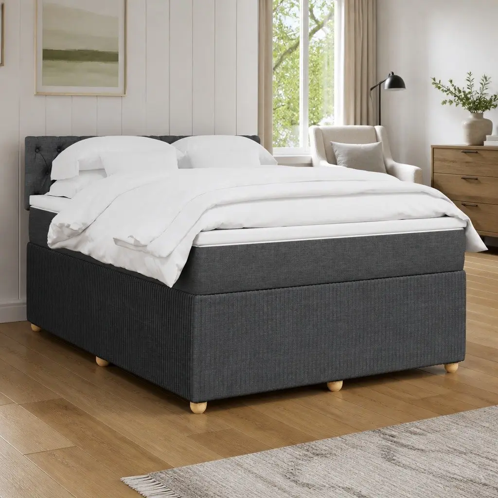 Queen Box Spring Bed Pocket Spring Mattress Grey Fabric with LED Lights