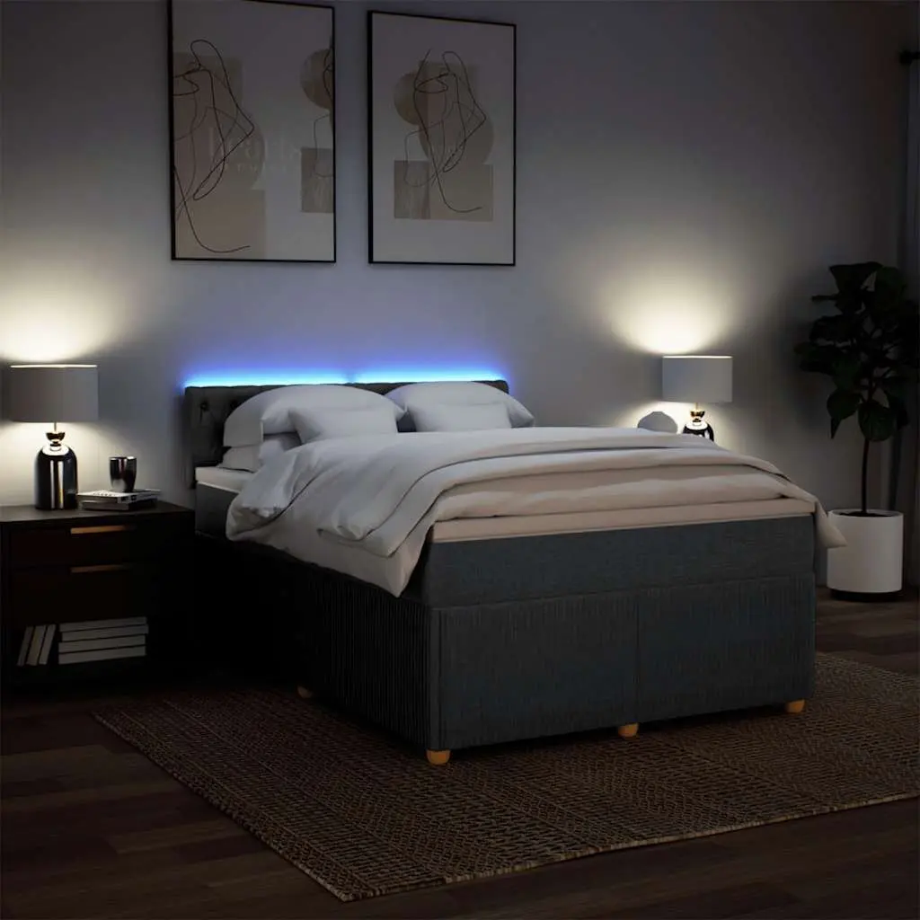 Queen Box Spring Bed Pocket Spring Mattress Grey Fabric with LED Lights