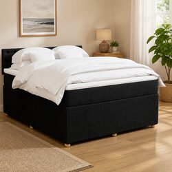 Queen Box Spring Bed with Pocket Mattress LED Lights Polyester Fabric Dark Grey