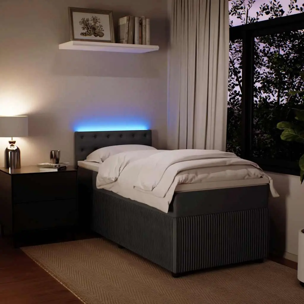 King Single Box Spring Bed with Pocket Spring Mattress LED Lights Grey Velvet