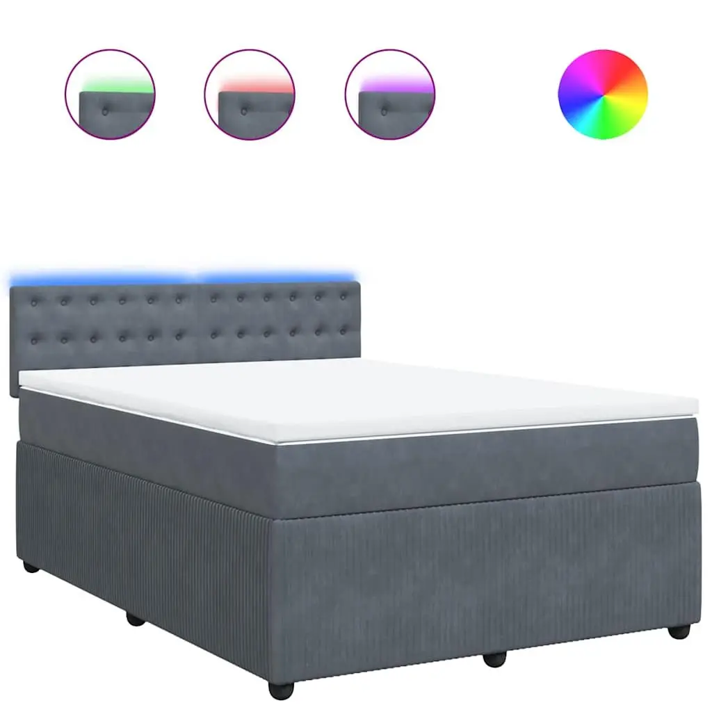 Box Spring Bed Pocket Spring Mattress Velvet Double Grey with LED Lights