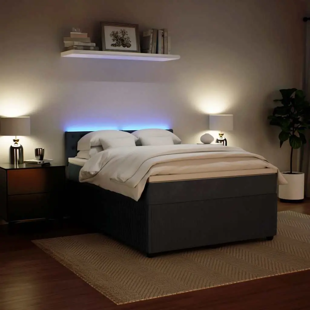 Box Spring Bed Pocket Spring Mattress Velvet Double Grey with LED Lights
