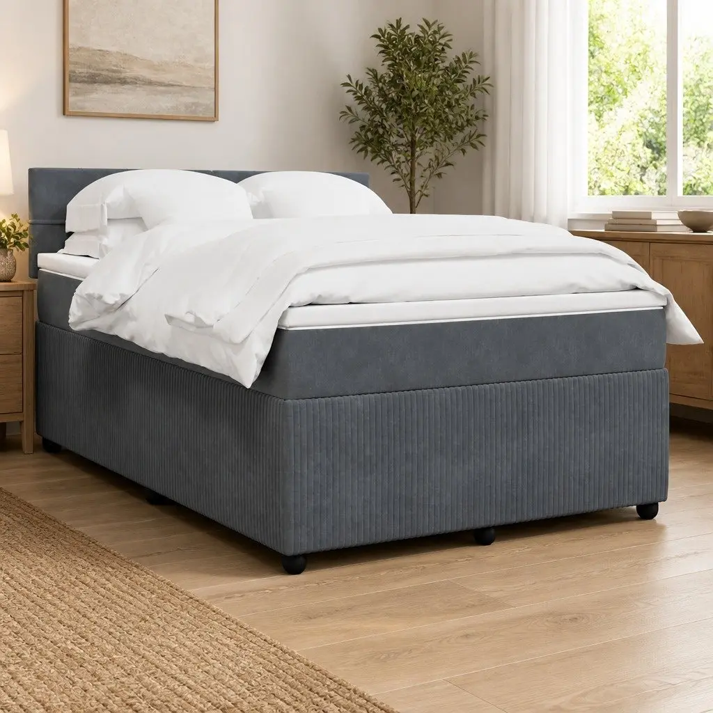 Queen Bed Frame Velvet Grey with Pocket Spring Mattress and Adjustable LED Lighting