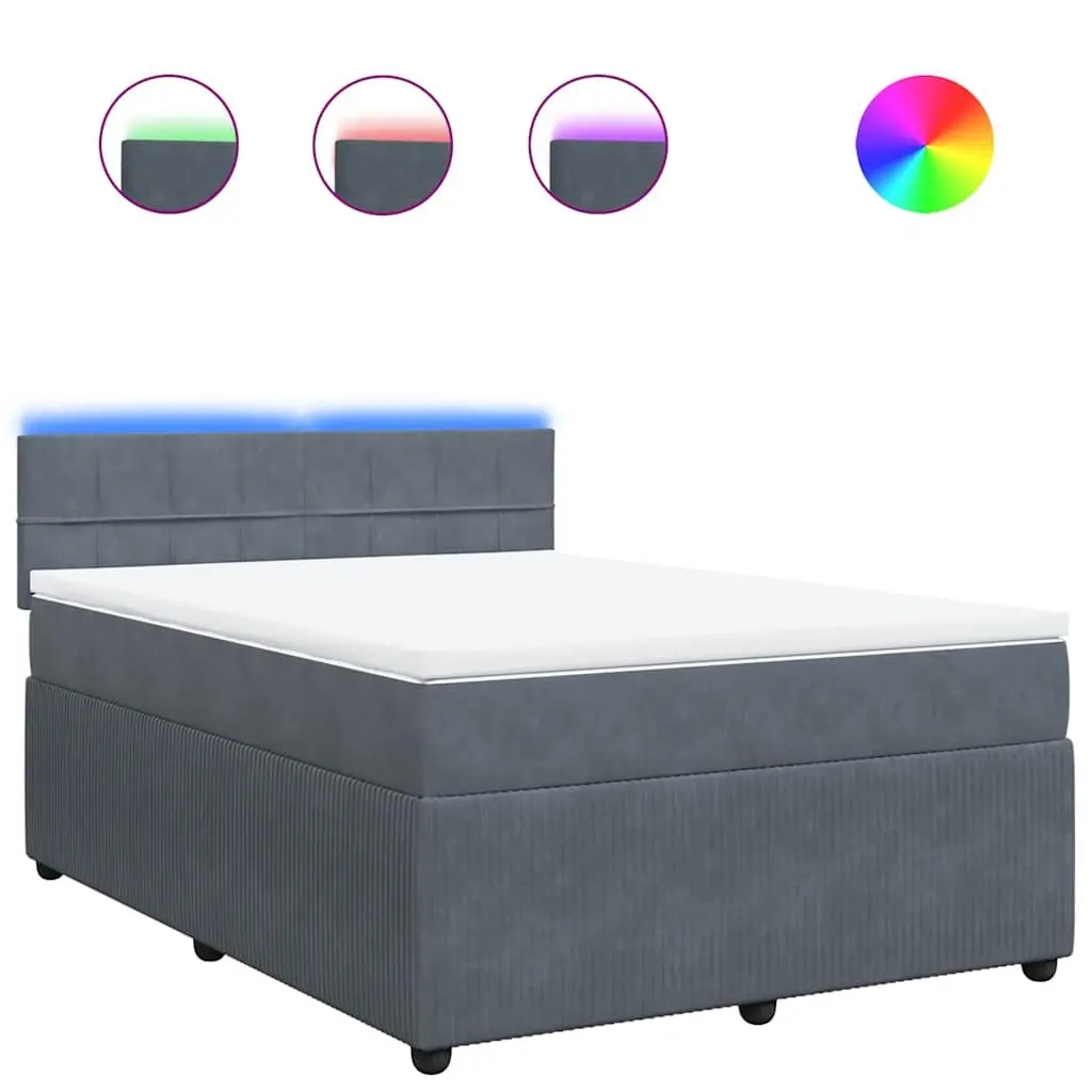 Queen Bed Frame Velvet Grey with Pocket Spring Mattress and Adjustable LED Lighting