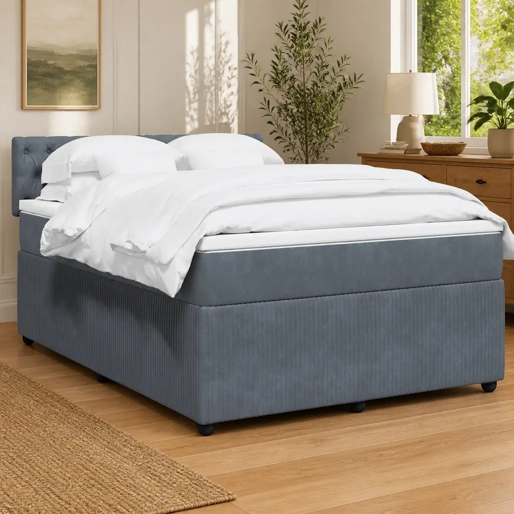 Queen Box Spring Bed Velvet Grey with Pocket Spring Mattress and Adjustable LED Lights