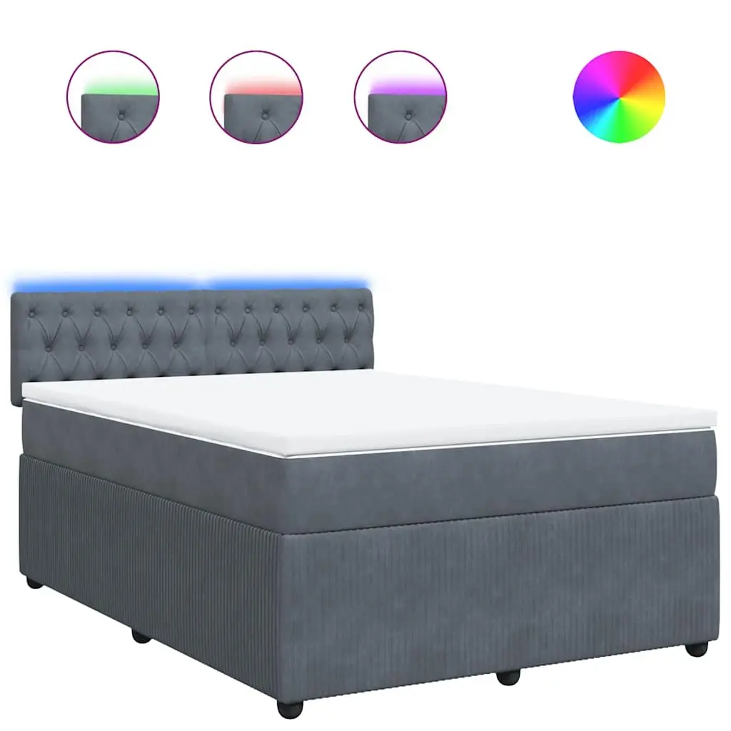 Queen Box Spring Bed Velvet Grey with Pocket Spring Mattress and Adjustable LED Lights