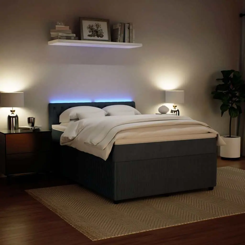 Queen Box Spring Bed Velvet Grey with Pocket Spring Mattress and Adjustable LED Lights