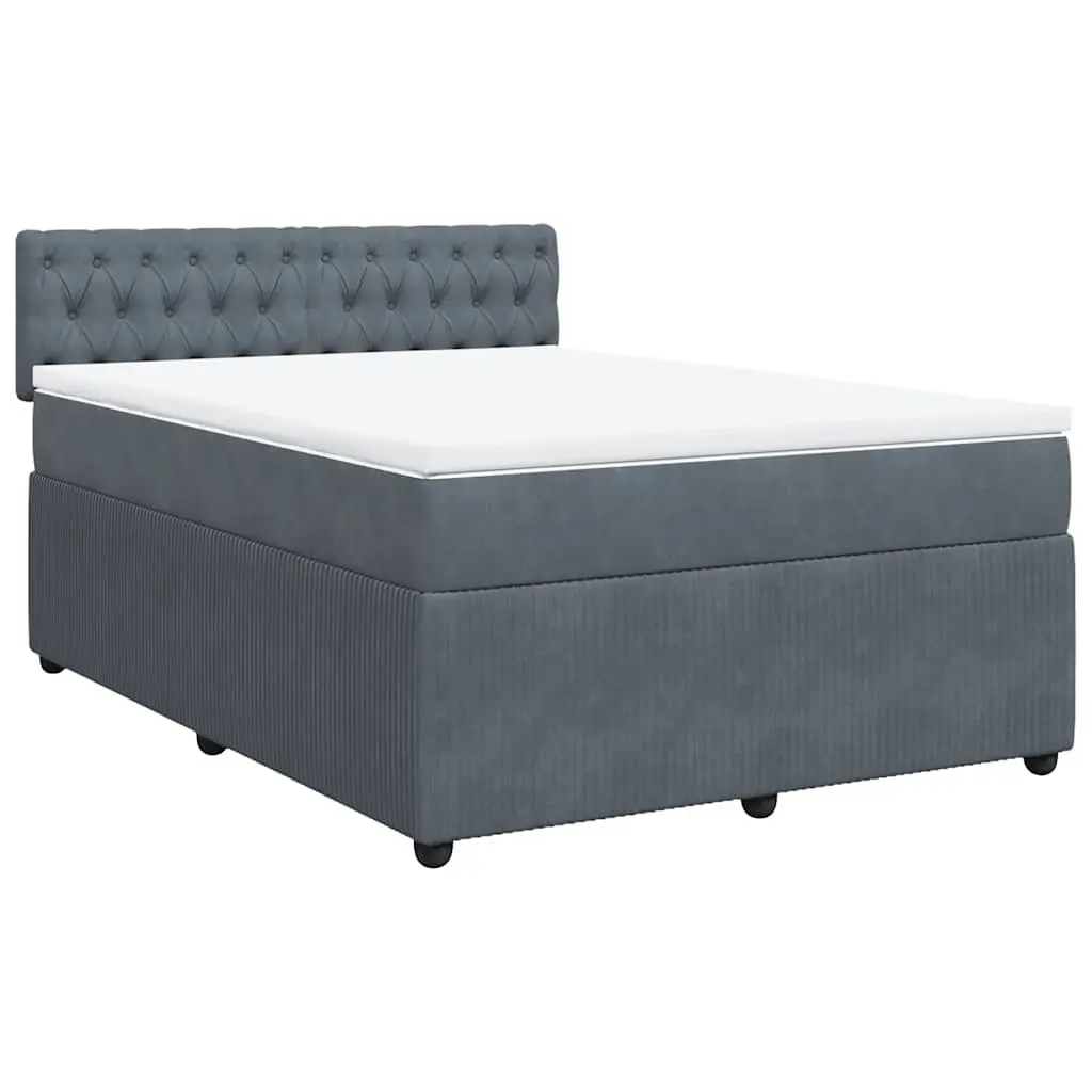 Queen Box Spring Bed Velvet Grey with Pocket Spring Mattress and Adjustable LED Lights