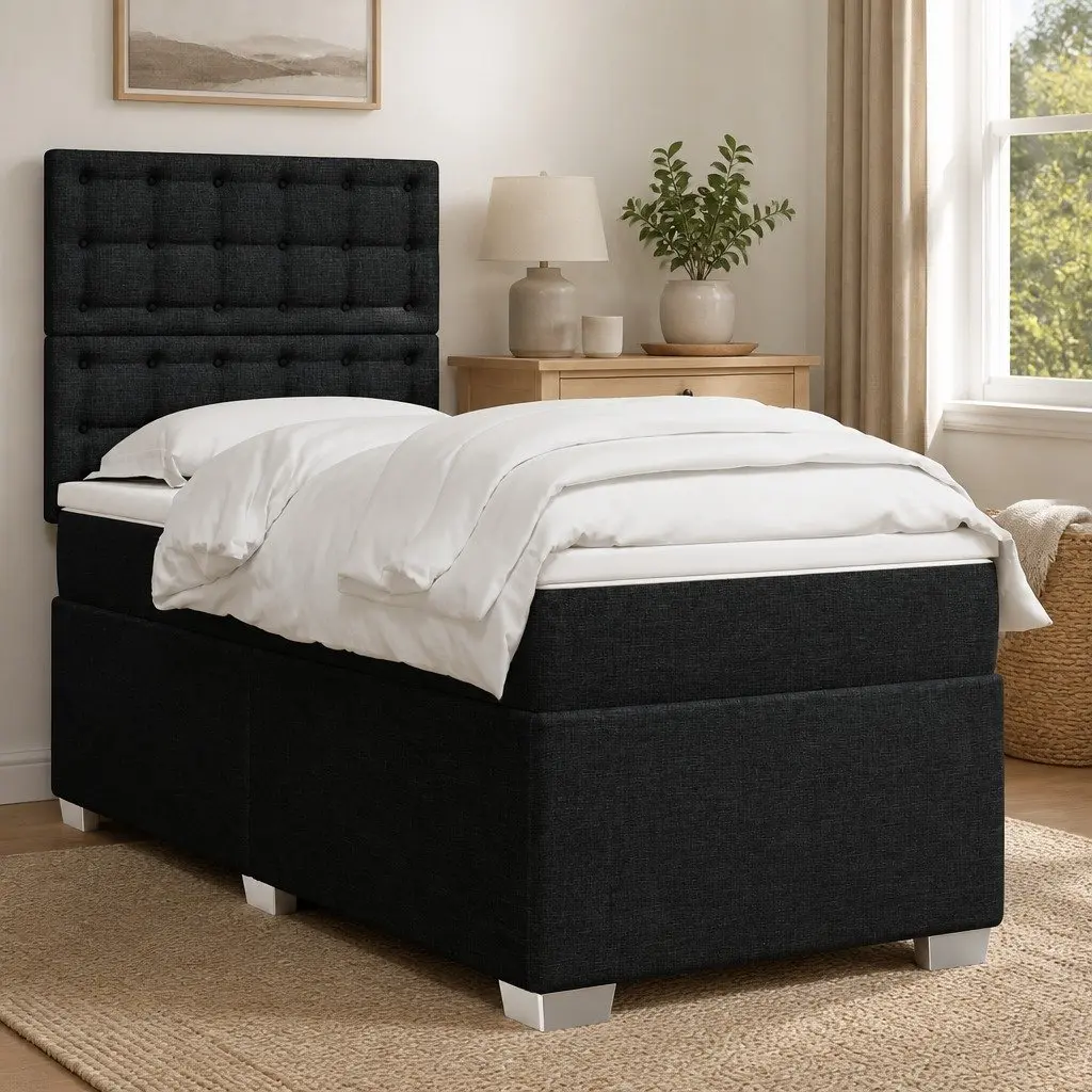 Box Spring Bed King Single Adjustable Headboard Pocket Spring Mattress Black Polyester