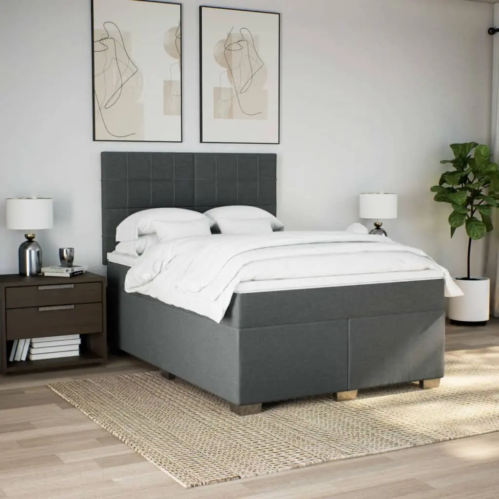 Queen Bed with Pocket Spring Mattress Grey Height Adjustable Headboard Polyester Fabric Slatted Base