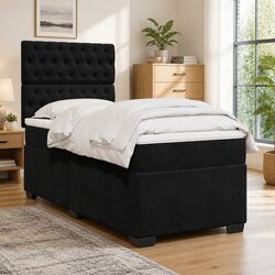 Box Spring Bed with Pocket Spring Mattress Black King Single Velvet Headboard