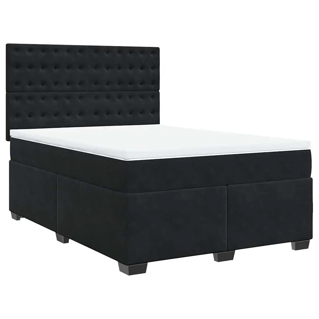 Queen Box Spring Bed Velvet Fabric Pocket Spring Mattress Black Adjustable Headboard