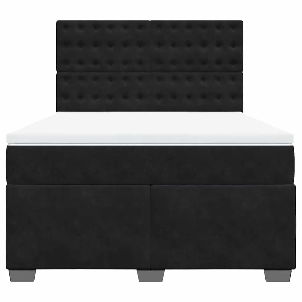 Queen Box Spring Bed Velvet Fabric Pocket Spring Mattress Black Adjustable Headboard
