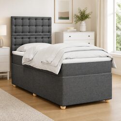 King Single Box Spring Bed with Pocket Mattress Height-Adjustable Headboard Grey