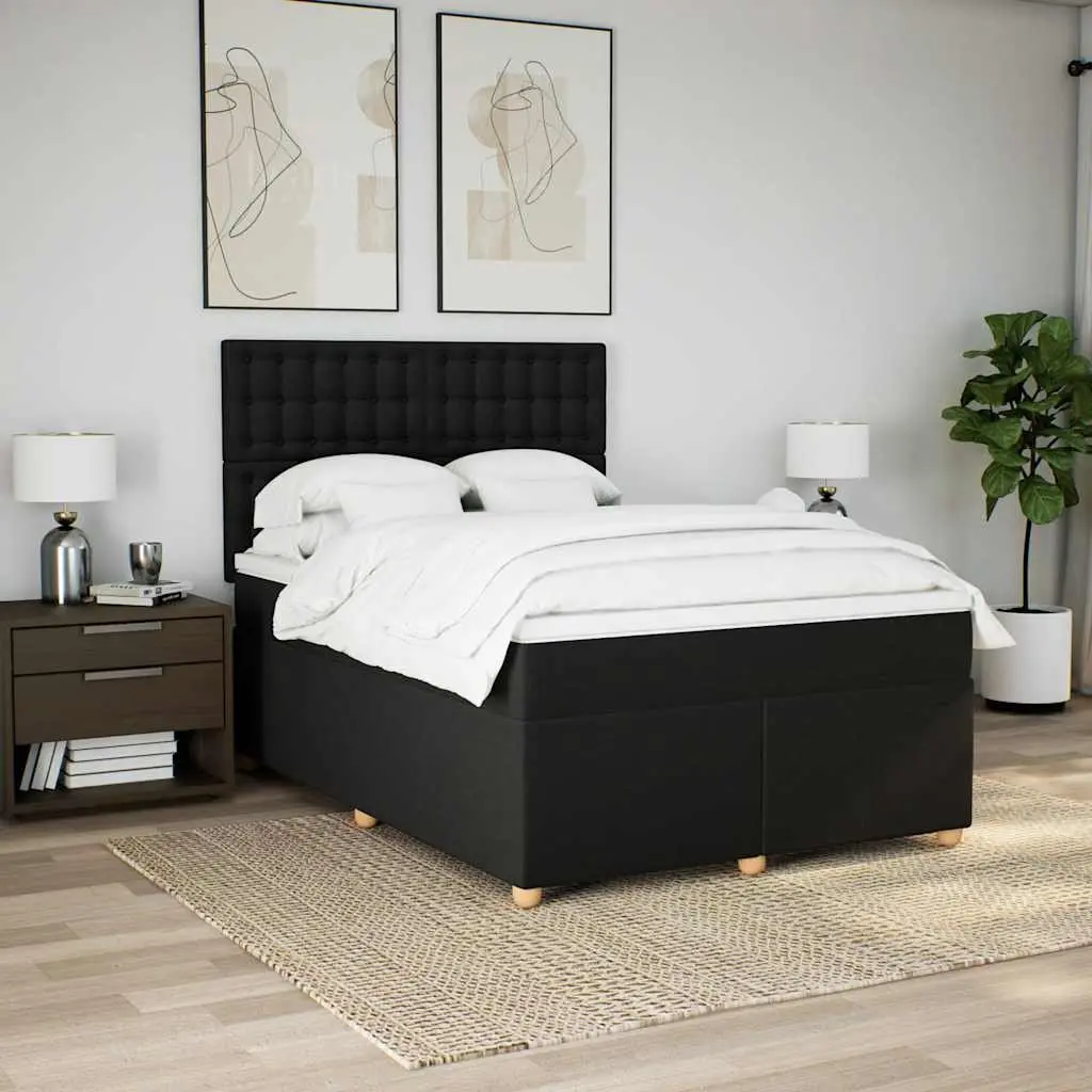 Double Box Spring Bed Frame Polyester Upholstery Height Adjustable Headboard Pocket Spring Mattress Black